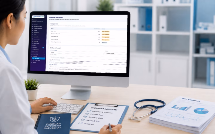 Dashboard integrasi SATUSEHAT pada sistem DHealthcare untuk mengelola kesiapan data, konfigurasi koneksi, dan pengiriman data rekam medis elektronik dari klinik.