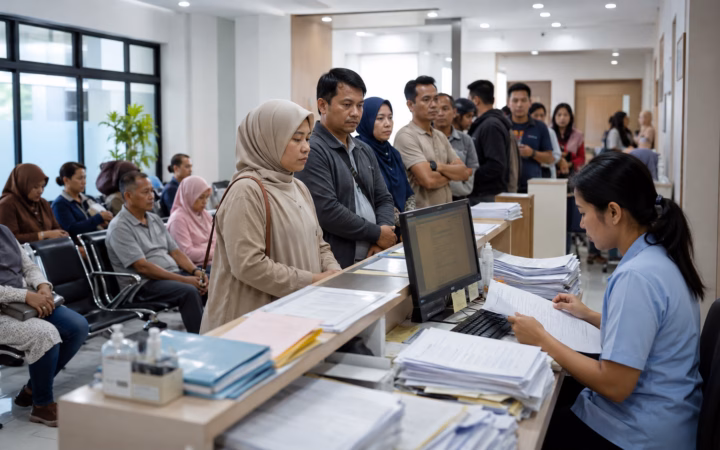 Manajemen antrean klinik: suasana ruang tunggu dan meja pendaftaran yang tertata
