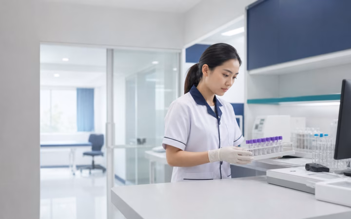 Petugas menangani pemeriksaan laboratorium klinik dalam satu alur