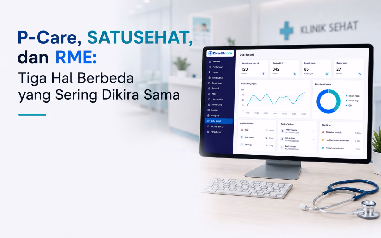 Ilustrasi perbedaan P-Care, SATUSEHAT, dan rekam medis elektronik (RME) dalam mendukung pengelolaan serta pertukaran data pelayanan klinik.