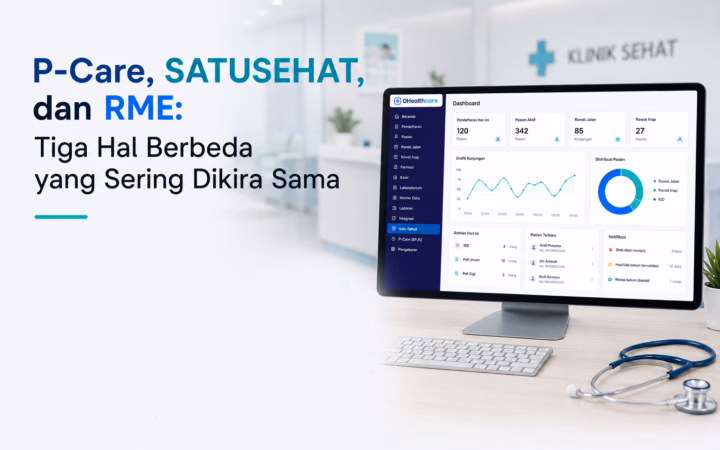 Ilustrasi perbedaan P-Care, SATUSEHAT, dan rekam medis elektronik (RME) dalam mendukung pengelolaan serta pertukaran data pelayanan klinik.
