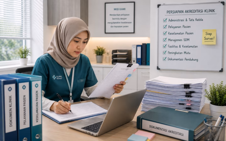 Petugas administrasi klinik menyiapkan dokumen akreditasi klinik dan memeriksa kelengkapan berkas sebelum proses akreditasi.