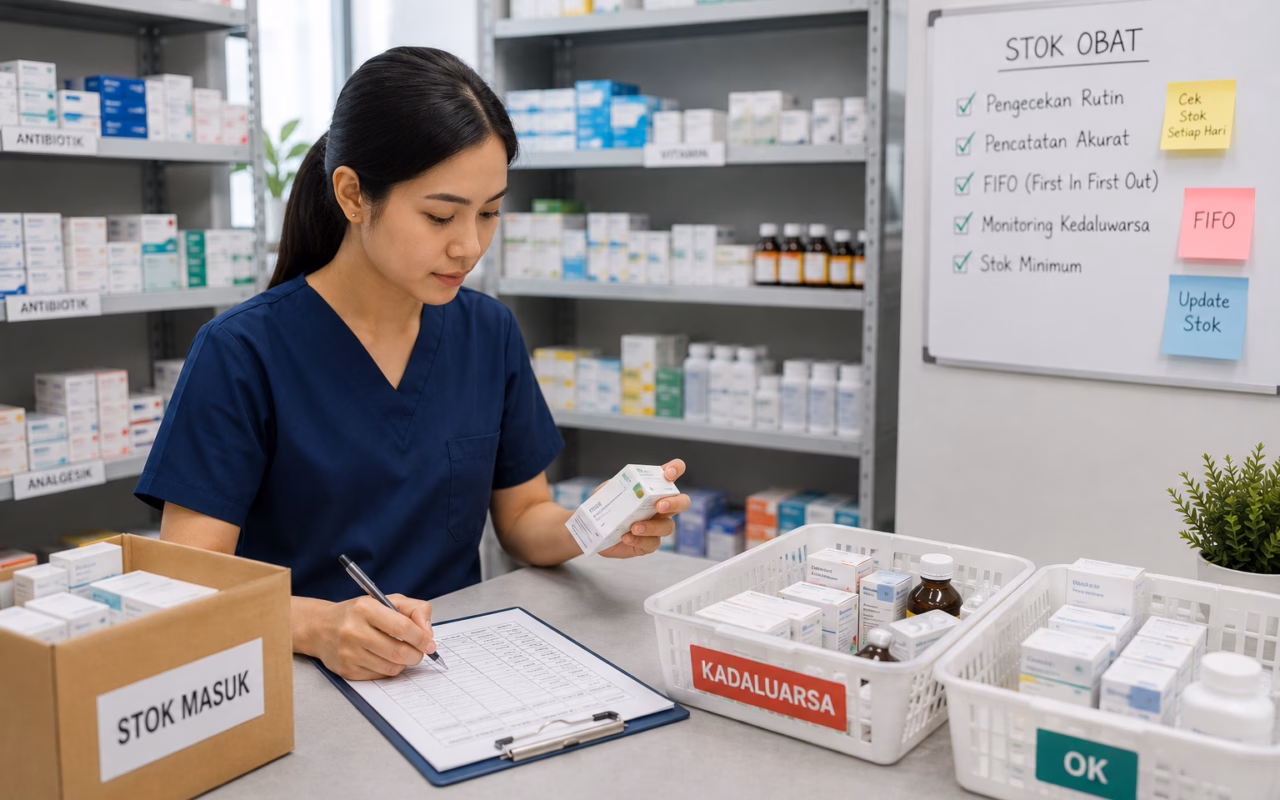 Petugas farmasi melakukan pengecekan stok obat dan masa kedaluwarsa untuk menjaga akurasi persediaan di klinik.