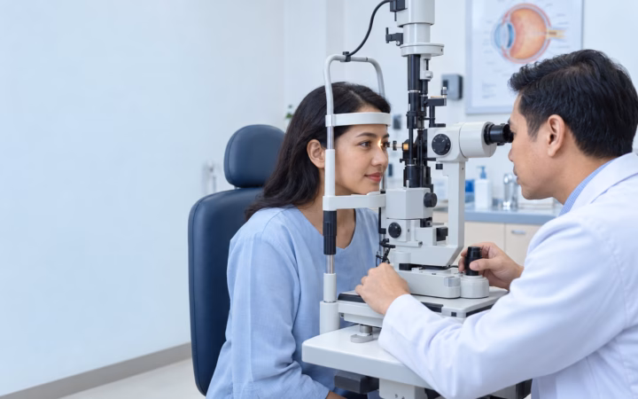 Dokter mata mencatat hasil visus dan TIO pada pemeriksaan pasien