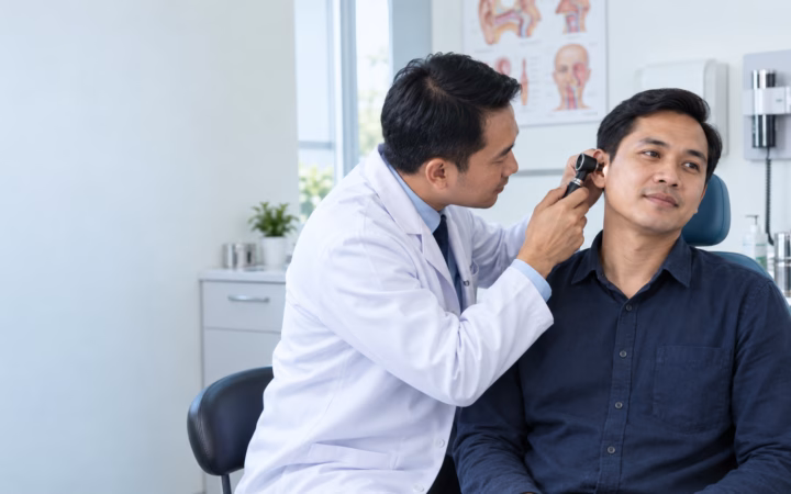 Dokter THT mencatat hasil pemeriksaan telinga, hidung, dan tenggorok pasien