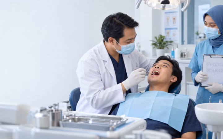 Dokter gigi mengisi odontogram saat pemeriksaan gigi pasien