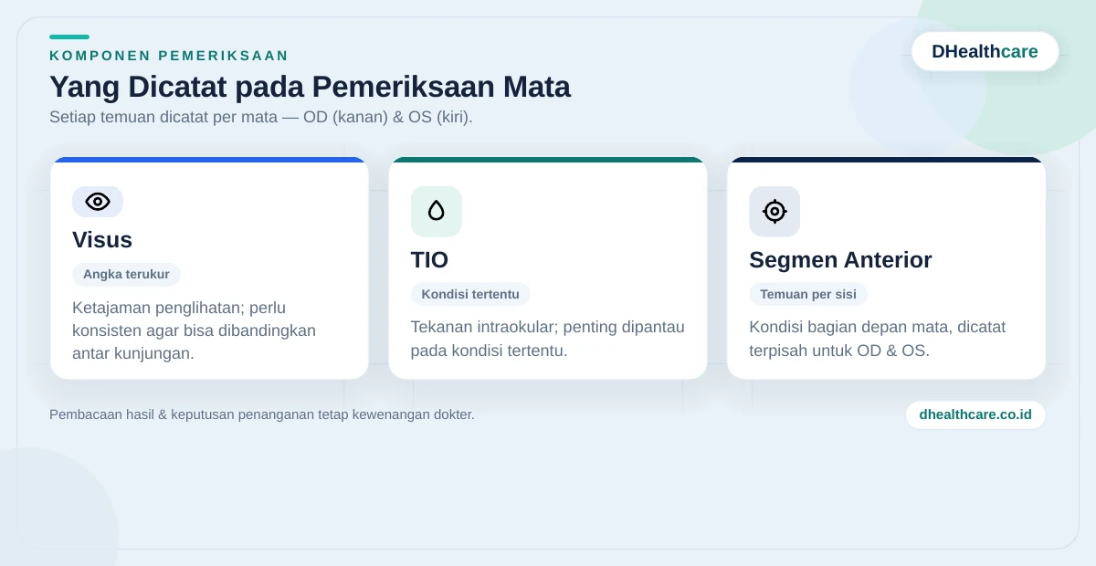 Komponen pemeriksaan mata yang dicatat: visus, TIO, dan segmen anterior per mata OD dan OS